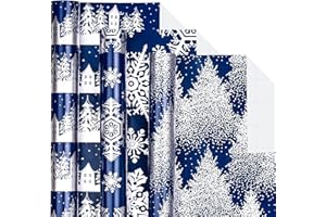 LeZakaa Navy Christmas Wrapping Paper Min Roll, Snowy Woodland Scenes House Snowflake Tree Holiday Gift Wrap, Arts Craft, for Xmas Winter Party Men Women, 17 x 120 inches, 3 Rolls