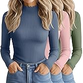 Oakgarden 3 Pack Women's Cotton Long Sleeve Mock Turtleneck Tops Ribbed Lettuce Trim Slim Fit Shirts Thermal Base Layer(Light Haze Blue, Light Pink, Matcha Green,Small)