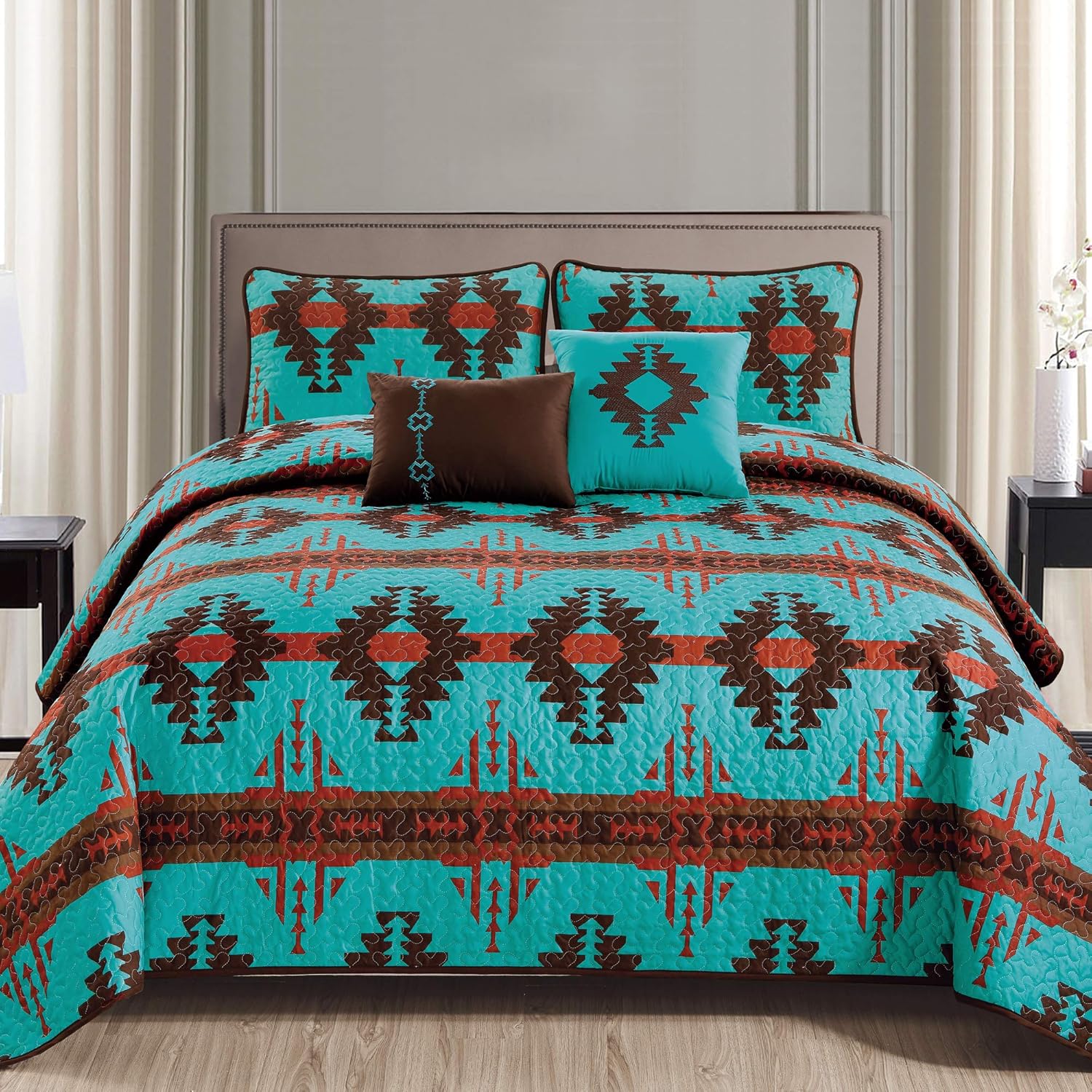 Linen Mart Rustic Southwestern Aztec Quilt Coverlet - 5 Piece Set (Aqua, King)
