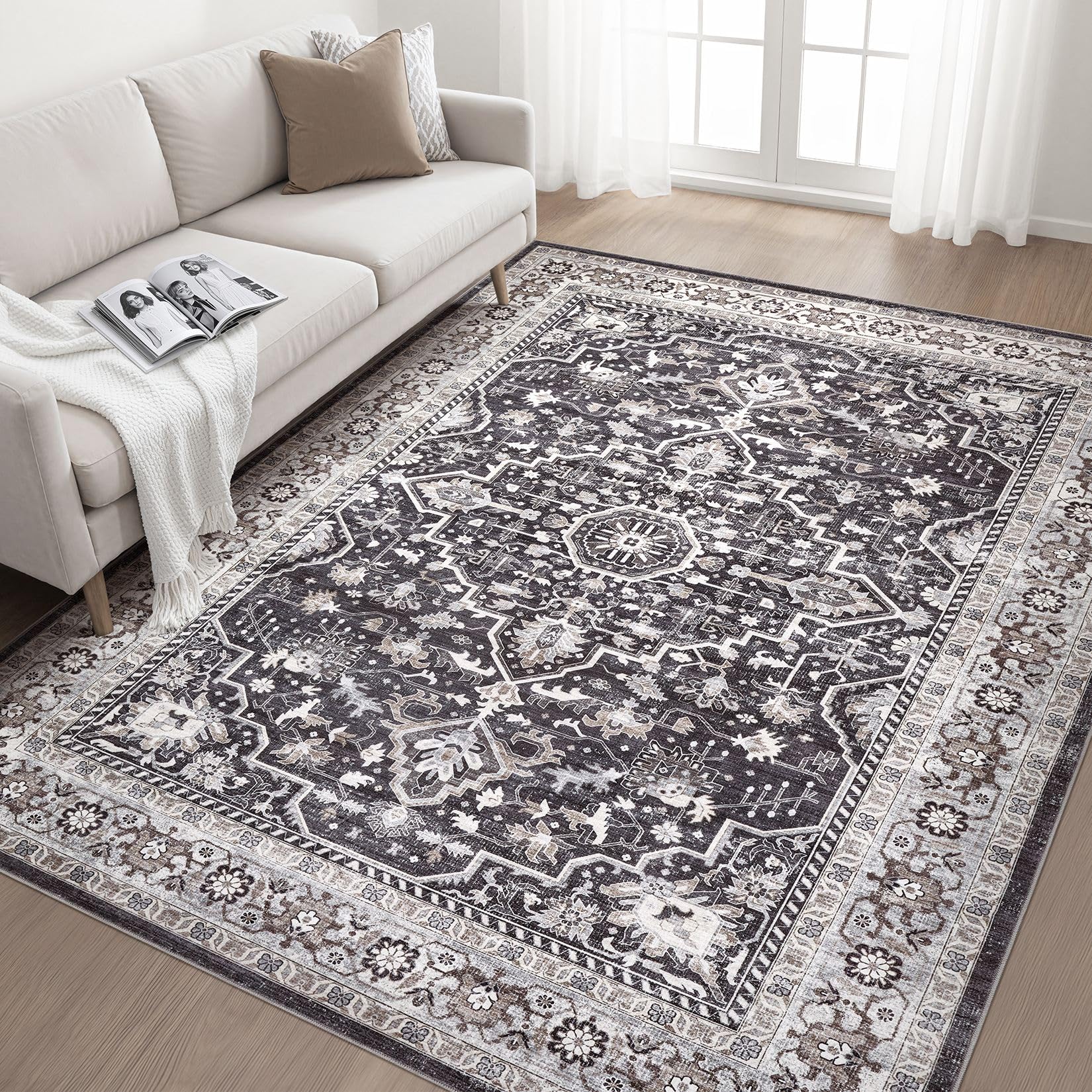 6x9 Area Rugs Living Room: Washable Boho Large Vintage Moody Soft Rug Distressed Oriental Stain Resistant Non-Slip Indoor Floor Carpet for Bedroom Playroom Office Dining Room Retro Home House- Black Image