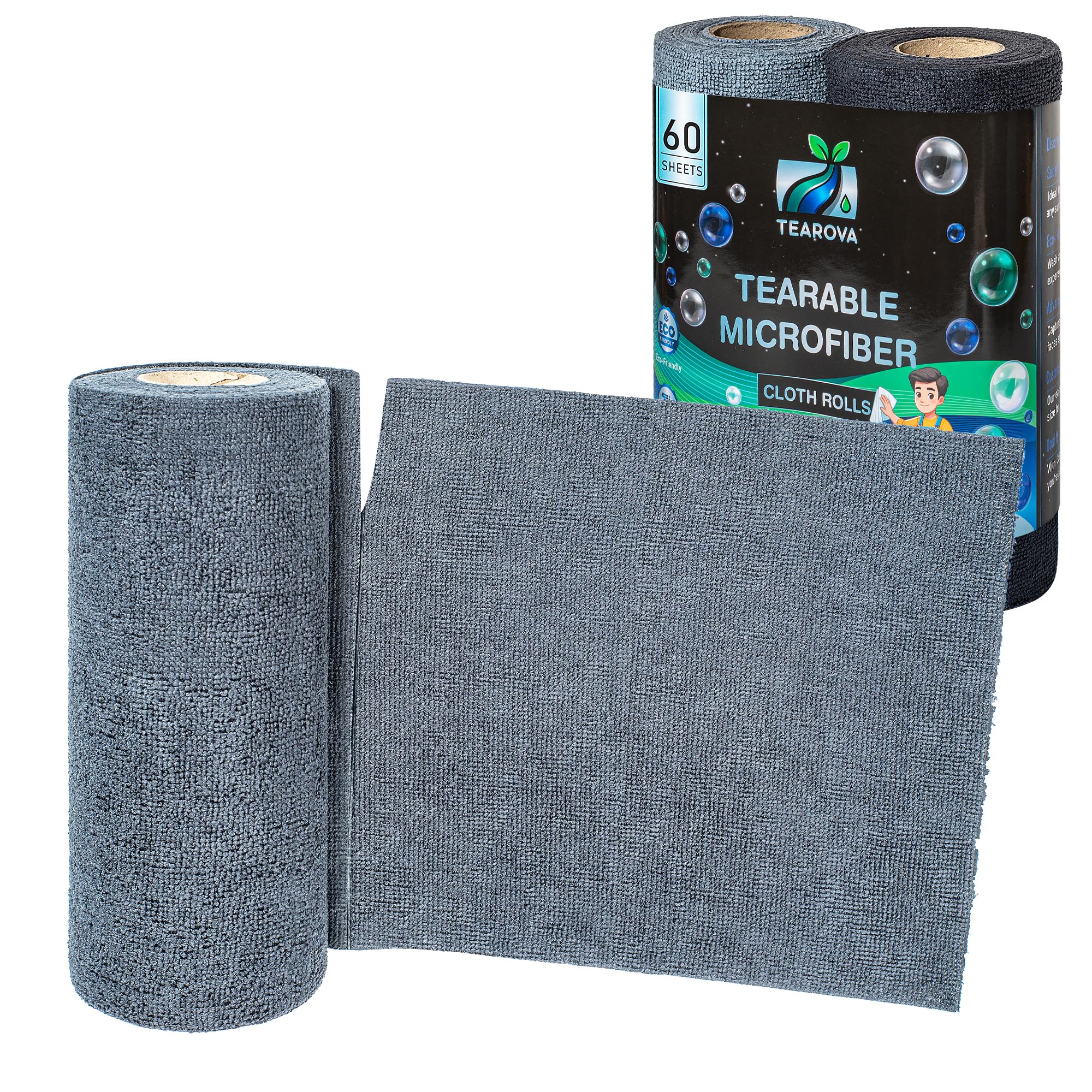 Tearova Reusable Microfibre Cloth Roll Pack of 2 rolls 60 Pieces Total - Sustainable, Washable, Lint free, Absorbent Kitchen Roll - Ideal Cleaning for Home and Car 25cm x 25cm ~(Grey and Black)