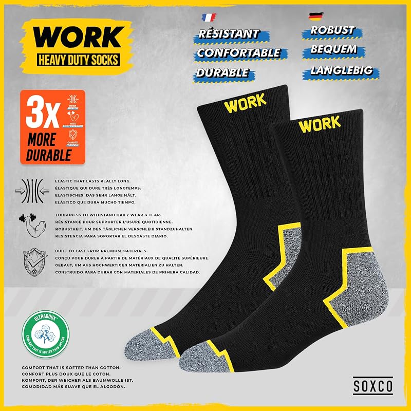 10 Paires Chaussettes de travail noires homme, mi-mollet | Technologie DRI-WIK d’évacuation de l’humidité | Talon et pointe renforcés | WORK socks lot de 10 paires, 43-46