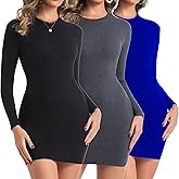 Chongbaijia 3 Pack Long Sleeve Dress for Women Ribbed Knit Crewneck Fall Winter 2026 Fashion Bodycon Mini Short Dresses