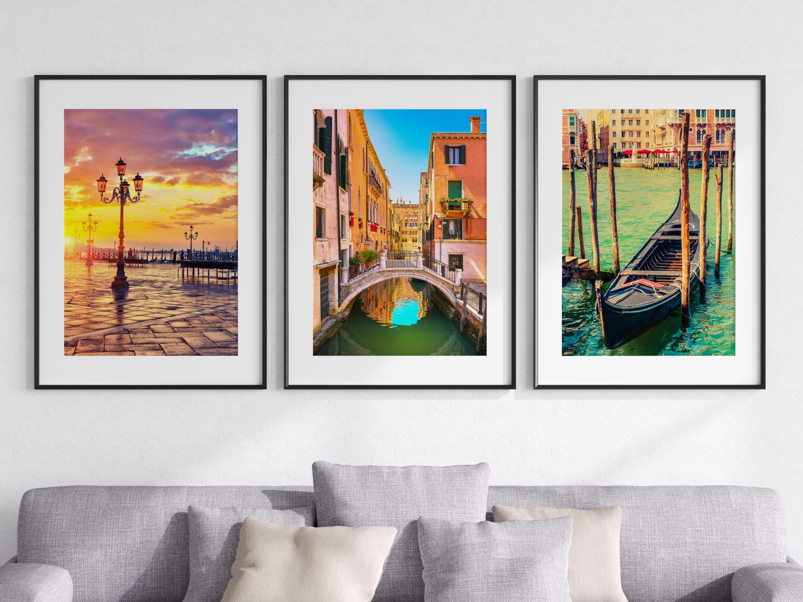 Eviepops Prints Venice Landscape Set of 3 Unframed Wall Print, City Landscape Art, Photographic Print, Home Décor, Canals, Bridges, Gondolas, Venetian Lamp Post, Grand Canal (A3)