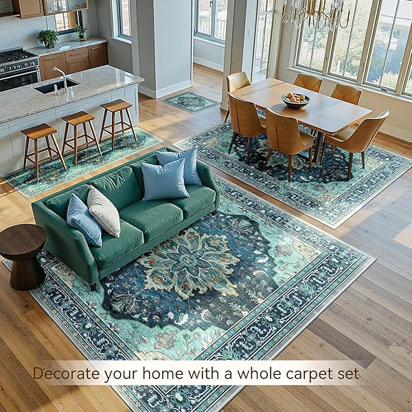 RELEANY AREA RUGS 5’X7′ WASHABLE NON-SLIP, FLORAL VINTAGE DISTRESS PRINT PATTERN MEDALLION CARPET FOR LIVING ROOM BEDROOM DINING ROOM, TEAL GREEN LAKE BLUE TURQUOISE
