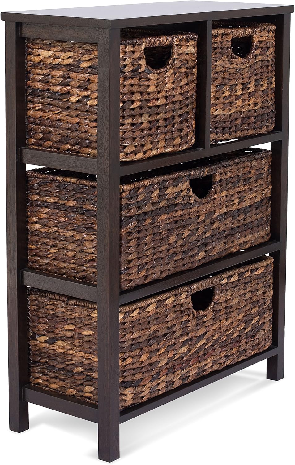 BIRDROCK HOME Seagrass Cubby Dresser - 4 Drawer Bins - Decorative Wood Storage Cubbies Shelf Organizer - Industrial Furniture Chest Basket - Espresso