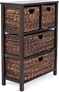BIRDROCK HOME Seagrass Cubby Dresser - 4 Drawer Bins - Decorative Wood Storage Cubbies Shelf Organizer - Industrial Furniture Chest Basket - Espresso