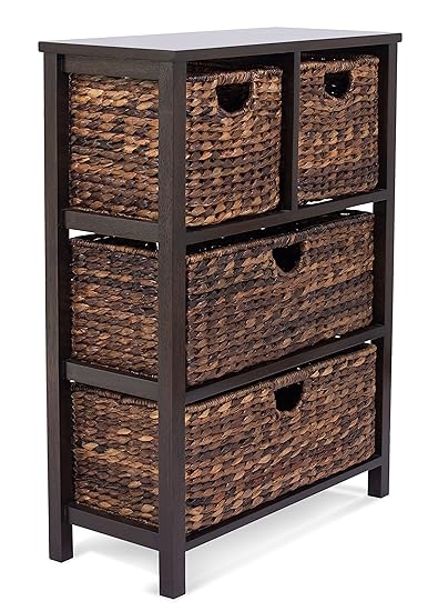Birdrock Home Seagrass Cubby Dresser 4 Drawer Bins Decorative Wood Storage Cubbies Shelf Organizer Industrial Furniture Chest Basket Espresso Amazon In Home Kitchen Dresser With Wicker Basket Drawers