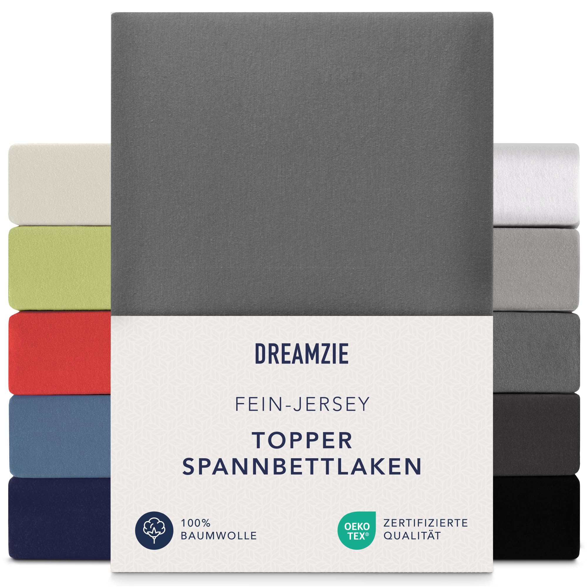 Dreamzie Premium Topper Fitted Sheet 140 x 200 cm - 160 x 200 cm - Extra Low Side Height - for Topper - Fitted Sheet Jersey Cotton, 150 g/m² - Oeko-Tex - Anthracite