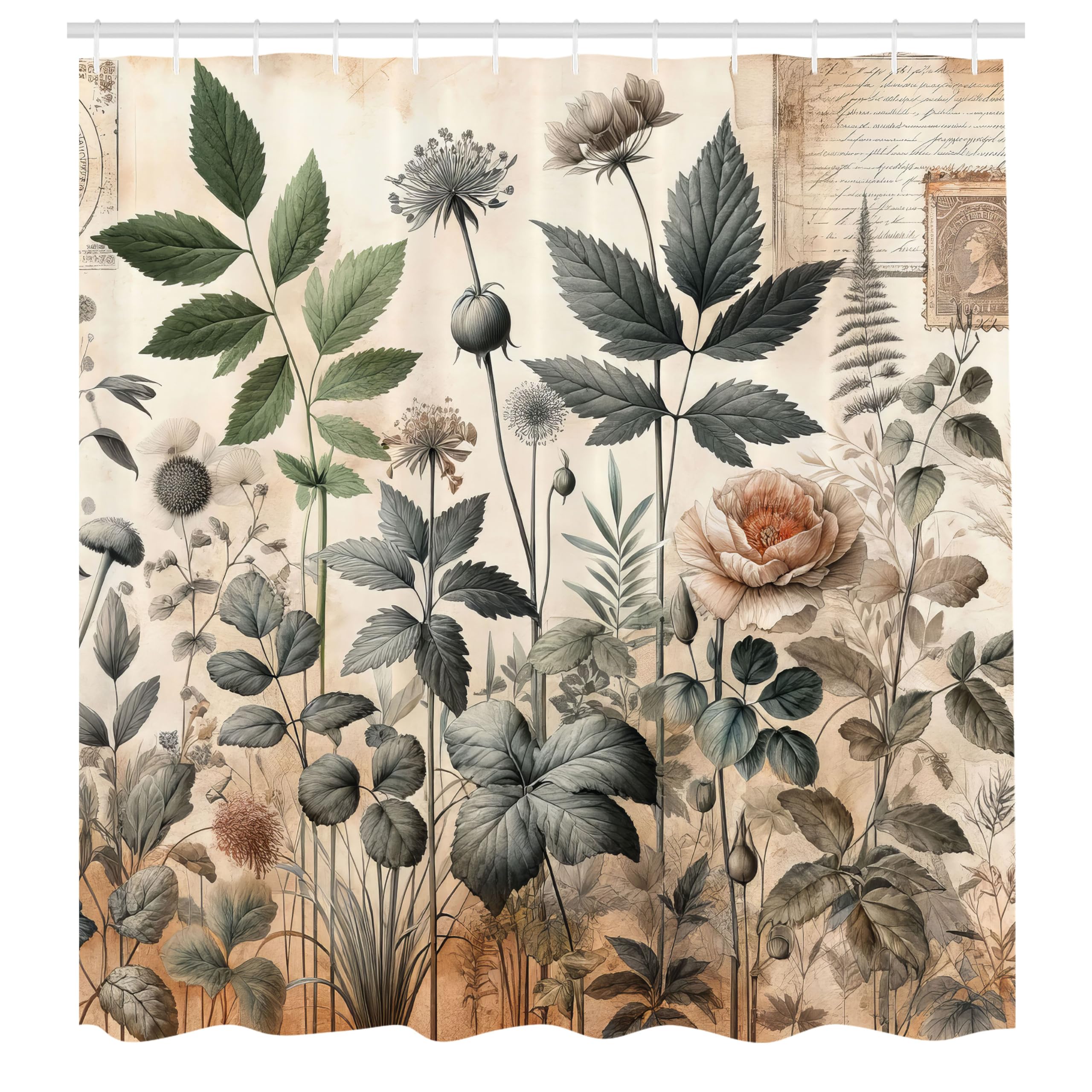 ABAKUHAUS Vintage Shower Curtain, Witchcore Medieval Leaves, Cloth Fabric Bathroom Decor Set with Hooks, 175 x 200 cm, Pale Mustard Yellow Bay Green