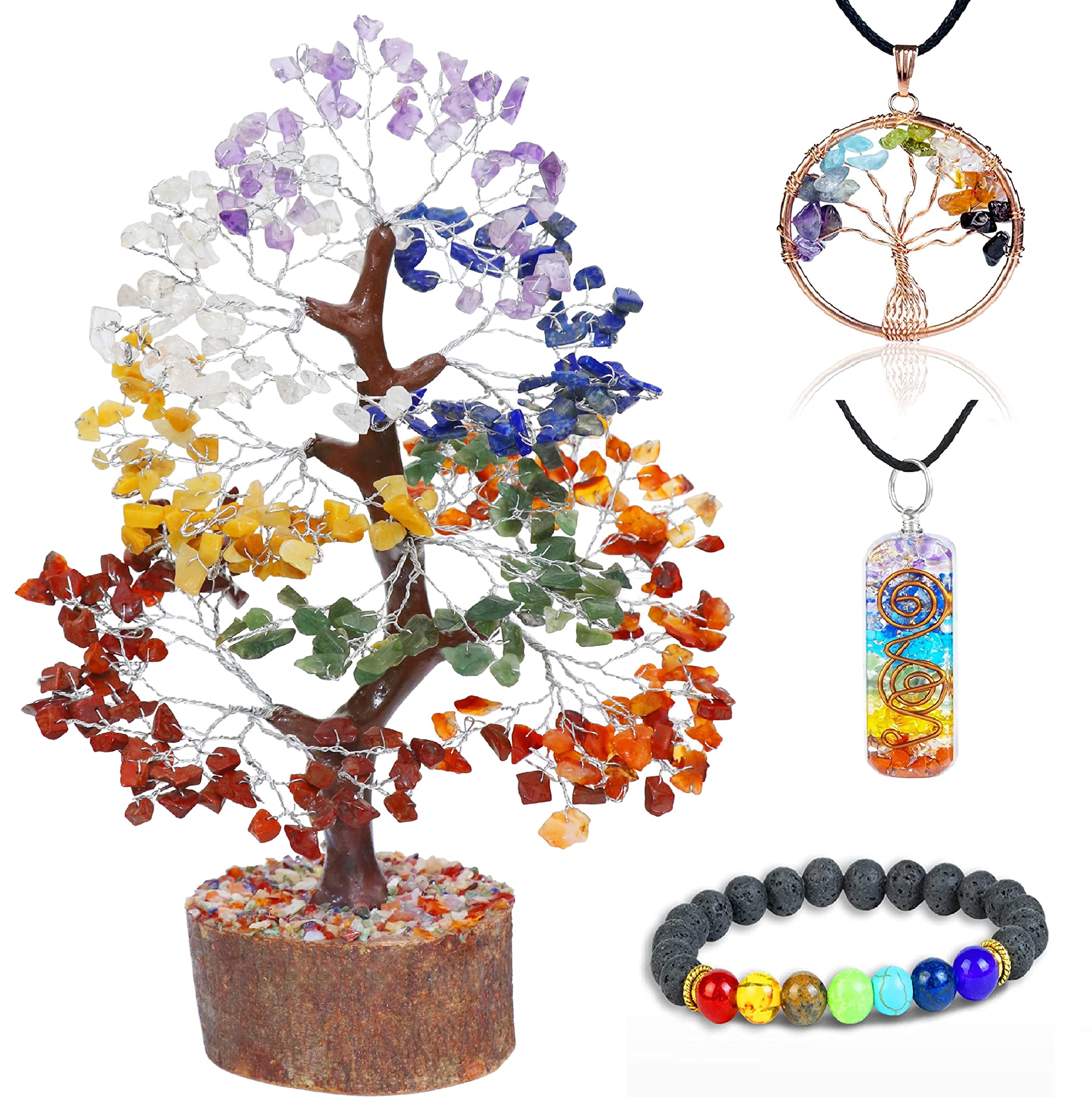 Crocon® 7 Chakra Crystal Tree of Life with Bracelet & 2 Pendants Bonsai Gem Tree Decor Healing Crystals Spiritual Gifts for Cute Home Room & Desk Decor, Gifts for Women, Mom, Friend Her & Sister
