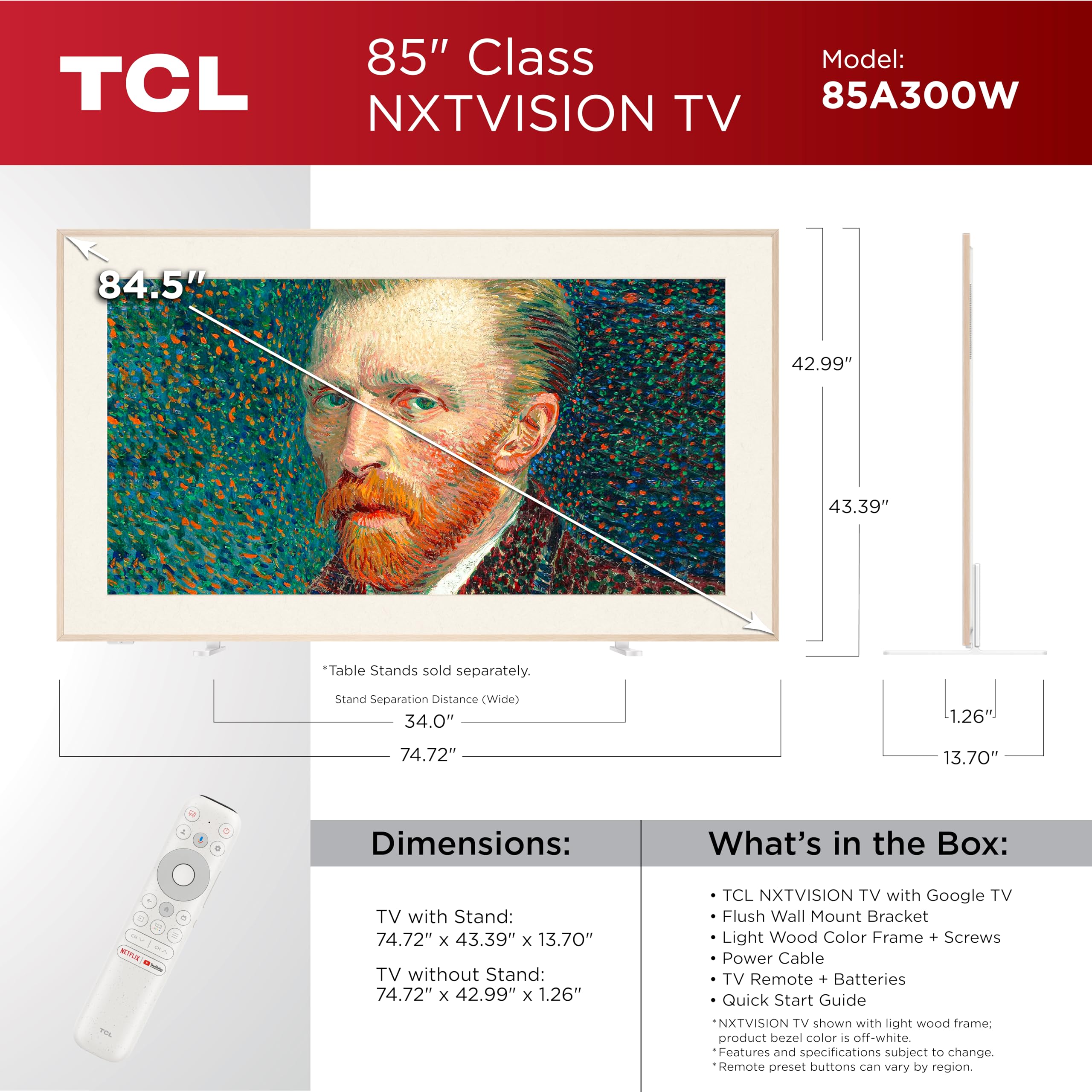 TCL 85-Inch Class NXTVISION Series QLED 4K UHD Google Smart TV Canvas Style Art Frame TV - QLED, 120hz, Matte Anti-Glare Screen, Free Bezel and Frame, Atmos, Free Art Included (85A300W, 2024 Model)