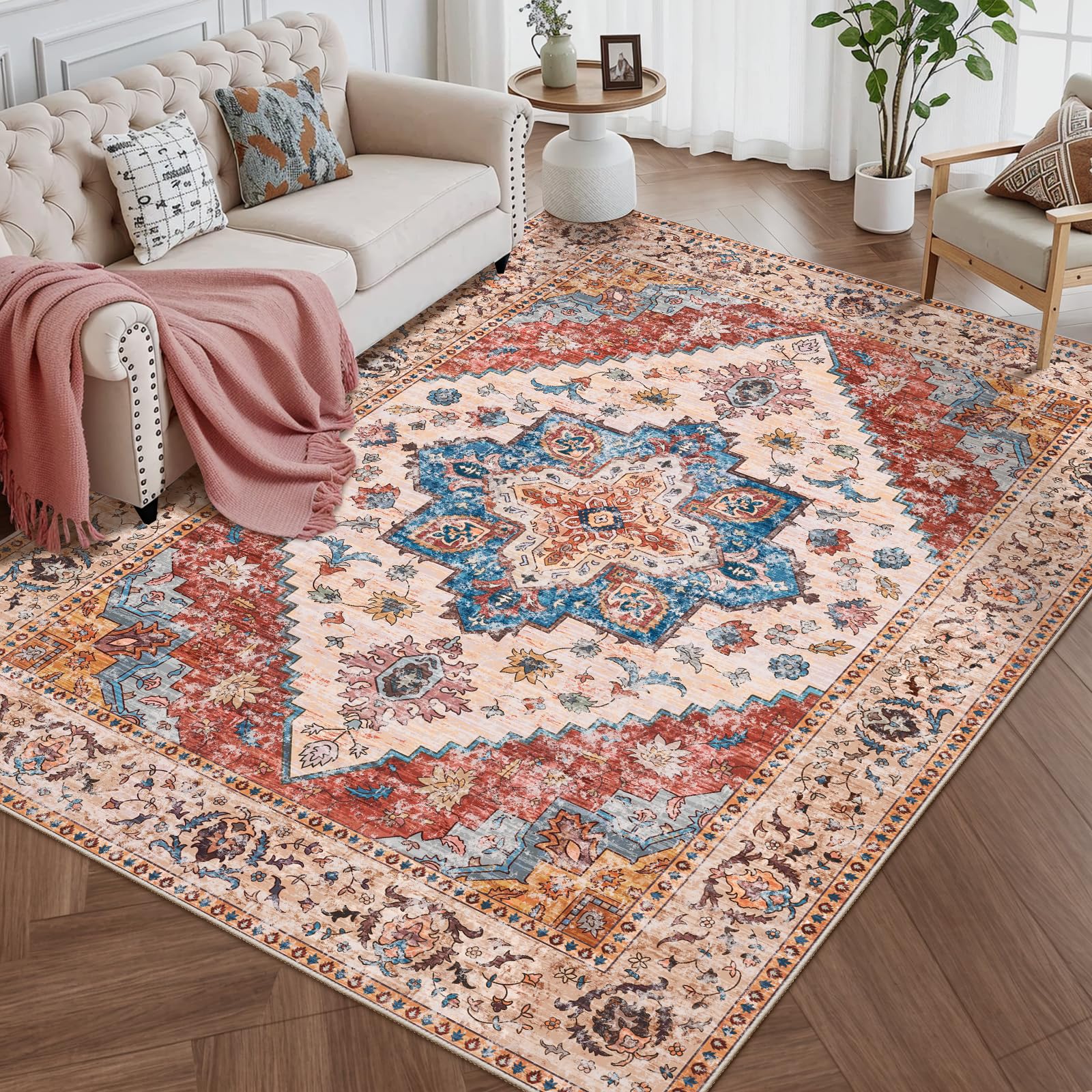 Ciicool 4x6 Rug, Washable Area Rug Boho Rugs for Living Room Non-Slip Indoor Rugs Low-Pile Mat Floor Carpet Vintage Rug for Bedroom Dinning Office Foyer Decor Image