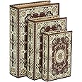 Deco 79 Canvas Decorative Box Storage Book Book Shaped Boxes with Arabesque Pattern and Gold Page Inspired Detail, Set of 3 Decorative Keepsake Boxes 12, 10, 8" H, Red