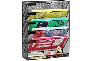 GDINDINFAN Hanging Wall File Organizer 6 Tier Wall Mounted Mail Paper Folder Holder Document Organization Stand, Vertical Desk Magazine Rack for Office Home Cubicle Countertop, Black