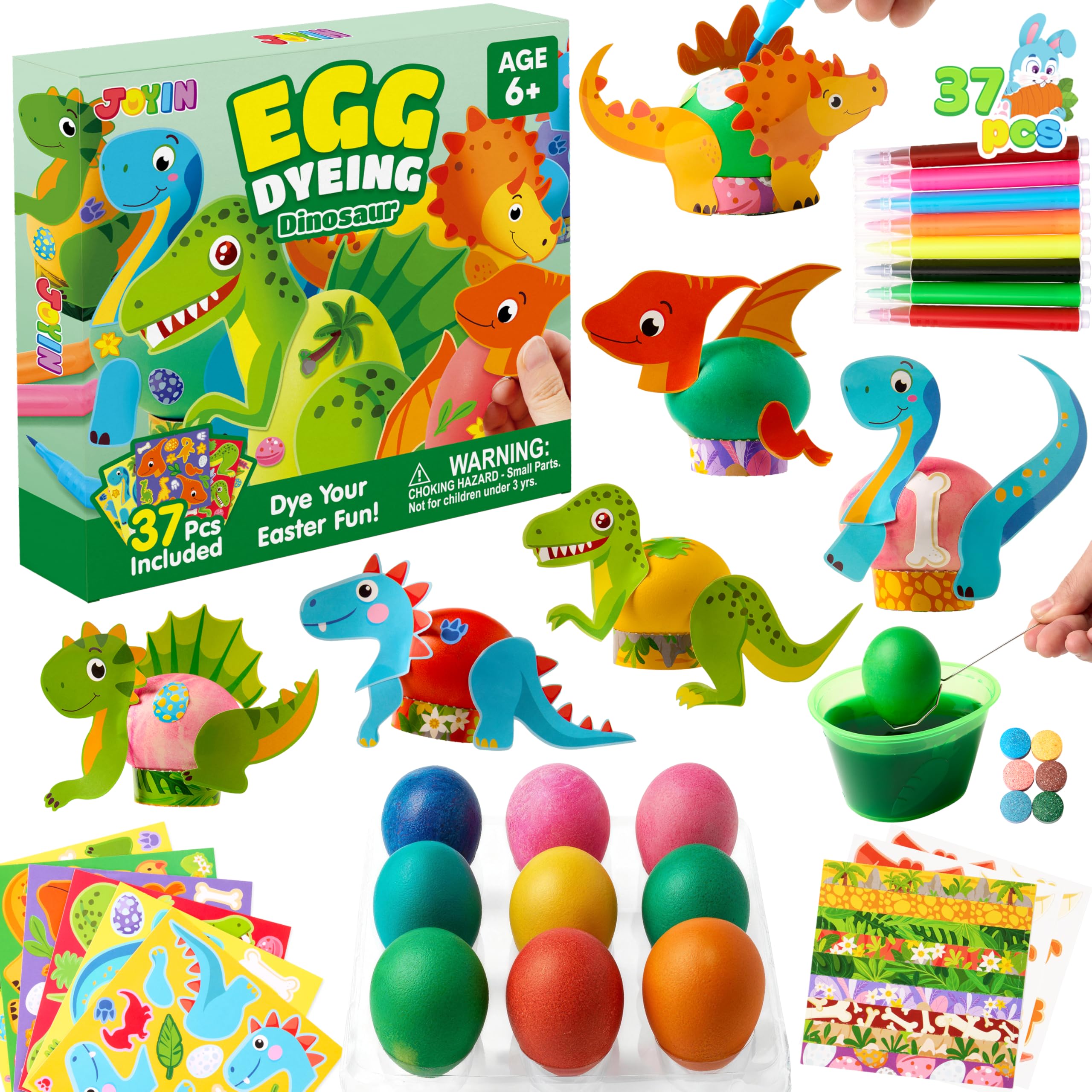 JOYIN 37 PCS Dinosaur Easter Egg Dye Decoration Kit with Dye Tablets and Stickers, Coloring Dyeing Set for Easter Theme Party, Egg Hunt Creativity Activity.