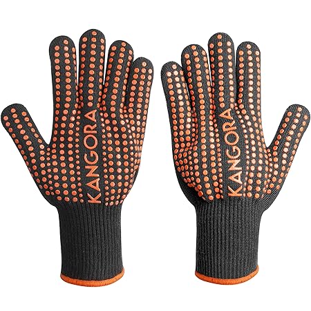 KANGORA Kitchen Cooking Gloves (Pair) Heat Resistant BBQ Grilling Oven Mitts | Non-Slip Silicone Grip, Long Safety Cuff | Protect Hands, Wrists | Barbecue, Stove, Oven Safe (Orange)