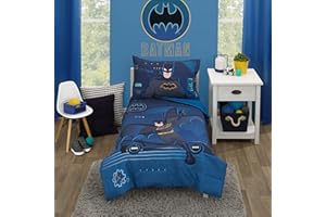 NOJO Warner Brothers Batman Bat-Tech Navy, Teal, Royal Blue, and Black 4 Piece Toddler Bed Set - Comforter, Fitted Bottom Sheet, Flat Top Sheet, and Reversible Pillowcase