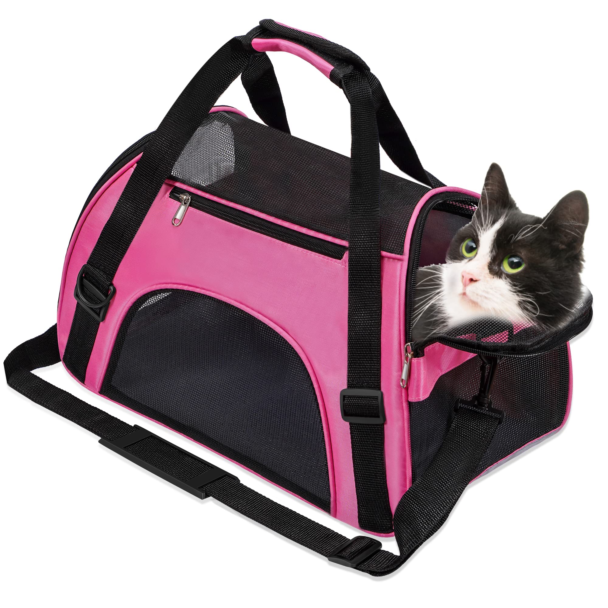 Soft-Sided Foldable Cat/Dog/Pet/Puppy Carrier Bag,Portable Pets Travel Carriers For Cats/Dogs/Pets With Shoulder Strap & Removable Mat,Durable Comfort Cat Basket Airline Approved(Pink,Small)