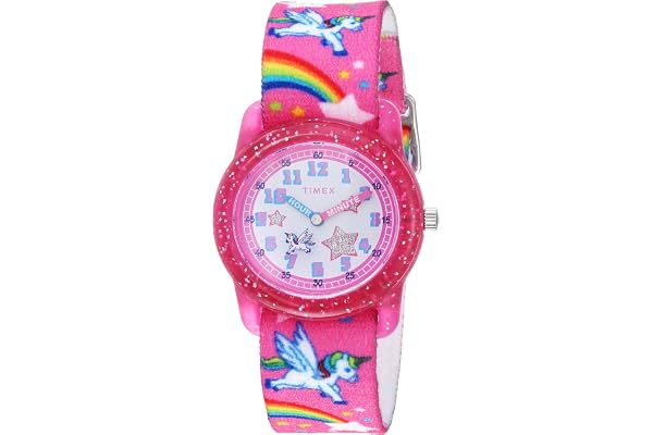 Timex Girls TW7C25500 Time Machines Pink/Rainbows & Unicorns Elastic Fabric Strap Watch