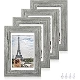 Hongkee 5x7 Picture Frame Set of 4, Made of Real Glass and Grey Wooden Frame, 5 by 7 Photo for Wall or Tabletop - Display Picture 4x6 with Mat or 5x7 Without Mat