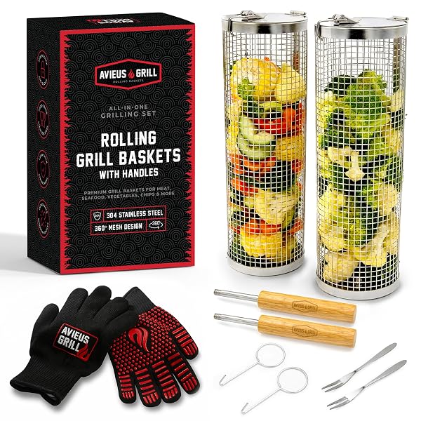 AVIEUS GRILL ROLLING GRILL BASKET | ROLLING GRILLING BASKETS FOR OUTDOOR GRILLING 2 PCS | BARBECUE GRILL SET WITH BBQ GLOVES | PORTABLE CAMPING NET RACK PERFECT FOR VEGETABLES, SEAFOOD & MEAT