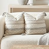 BlissBlush Gray Decorative Throw Pillow Cover 20x20 Combo Set of 2 Square Boho Neutral Grey Accent Pillowcase Tassels Farmhouse Cushion for Couch Sofa Bedroom Living Room Home Décor Cover ONLY