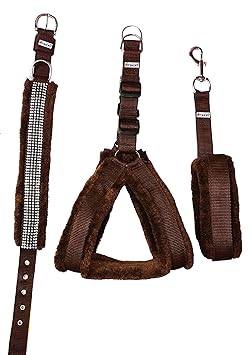 Petshop7 Nylon Fur 0.75-Inch Small Dog Harness, Collar & Leash (Chest Size 25-28-inch, Brown)
