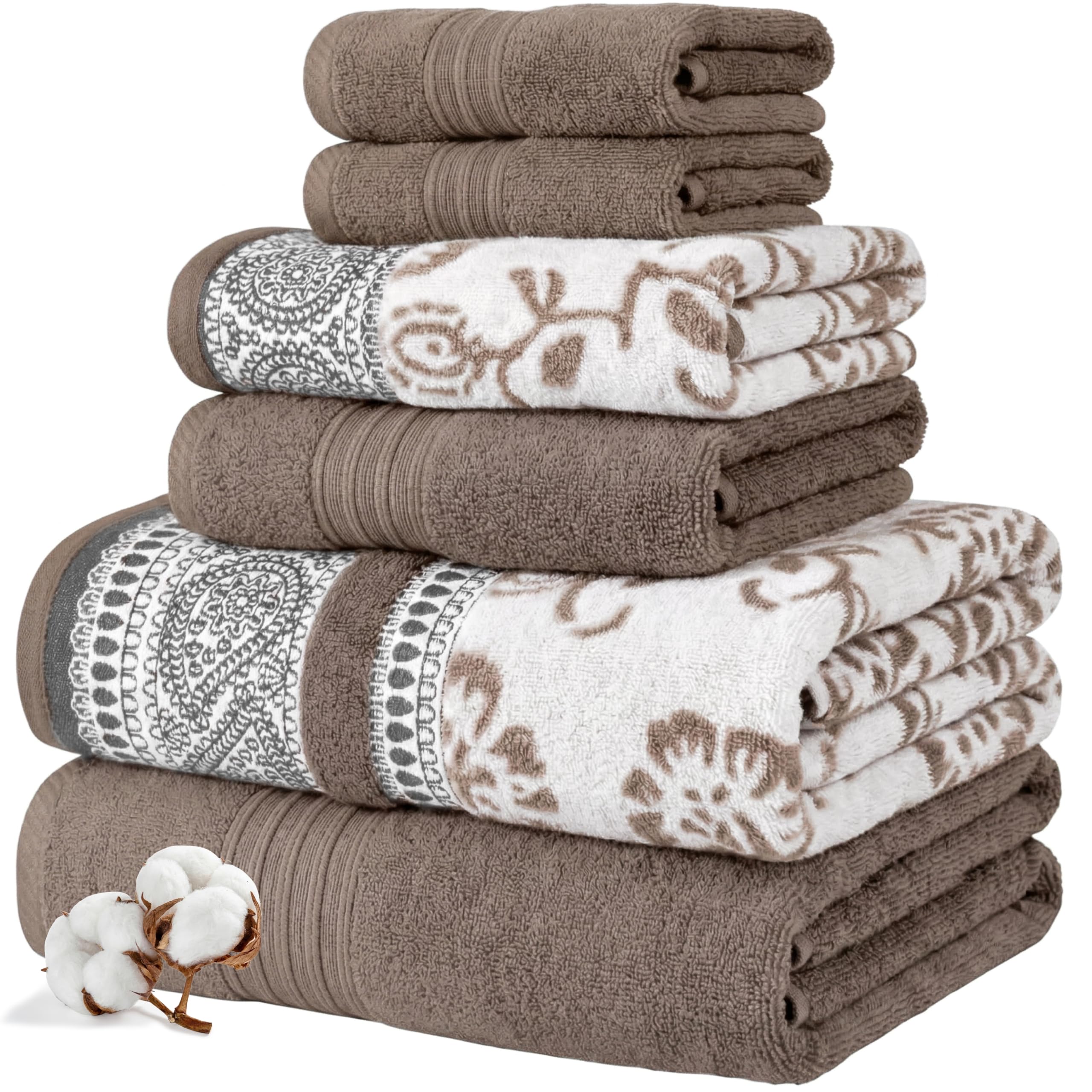Modern Threads 6 Piece Set, 2 Bath Towels, 2 Hand Towels, 2 Washcloths Yarn Dyed Jacquard/Solid Towel Set Ophelia Fawn