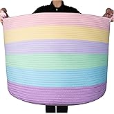 MINTWOOD Design XXXXLarge 22 x 16in Decorative Woven Cotton Rope Blanket Storage Basket Bin Living Room with Handles and Laundry Hamper for Pillows, Pool Towels, Dog Toys, Shoes, Pastel Rainbow
