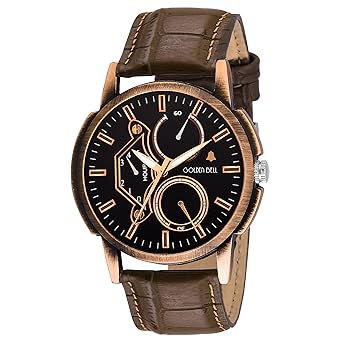 Golden Bell Original Black Dial Brown Strap Analog Wrist Watch for Men - GB-1097