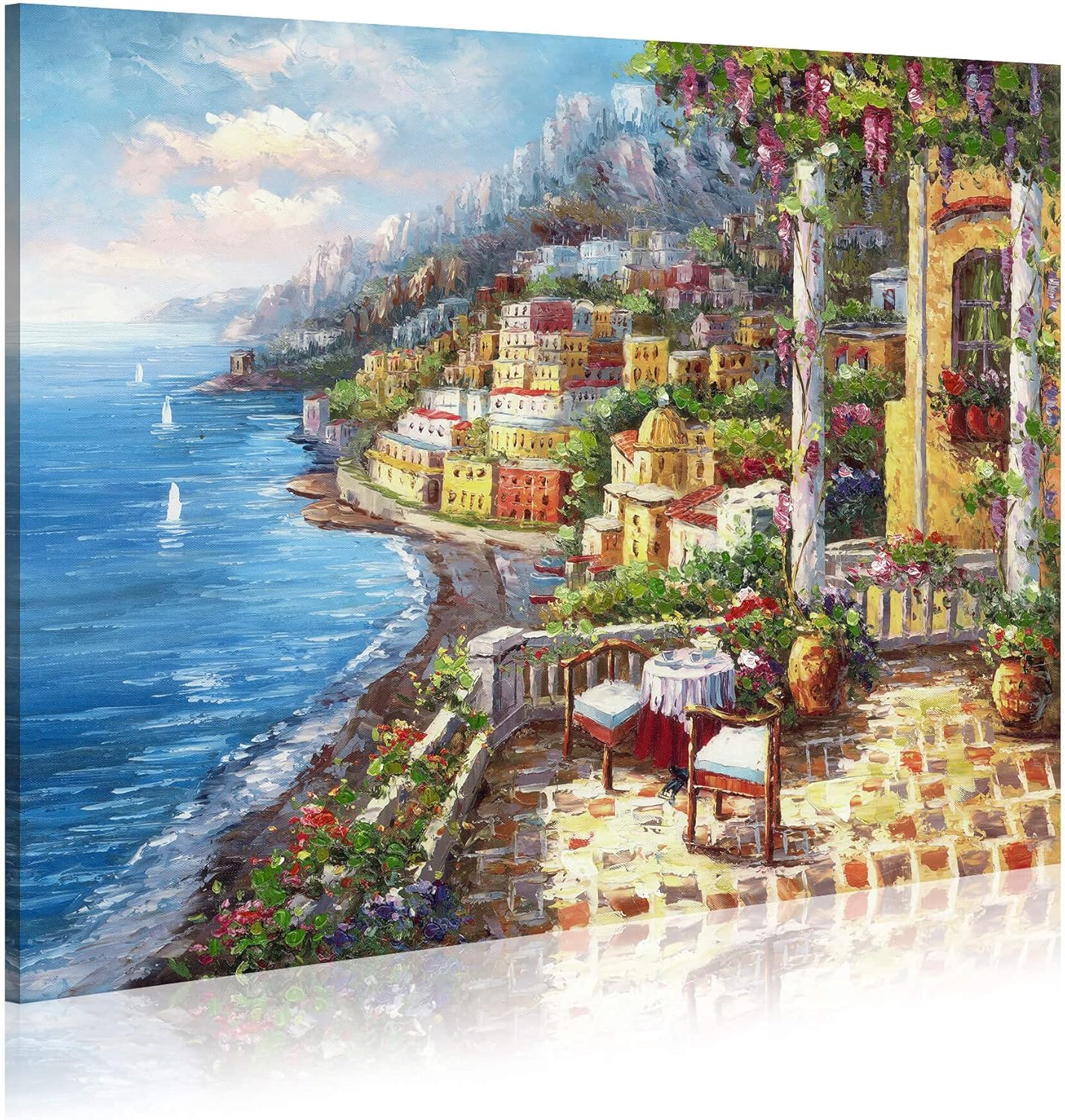 Paintings - Italy Painting Oil Canvas Wall Art： Mediterranean Cityscape Artwork Italian Sea Picture Modern City Street Decoration Landscape Prints for Paris Cafe Room Decor