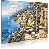 Italy Painting Oil Canvas Wall Art： Mediterranean Cityscape Artwork Italian Sea Picture Modern City Street Decoration Landsca