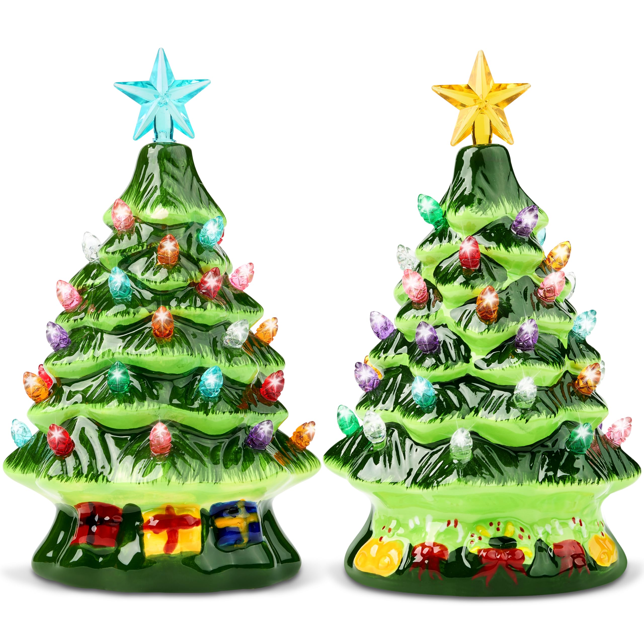 JOIEDOMI 2 Pcs 7" Ceramic Christmas Tree with Candy and Gift Box Design, Mini Prelit Tabletop Christmas Tree with Extra Blue Top Star & Bulbs for Good Desk Decoration