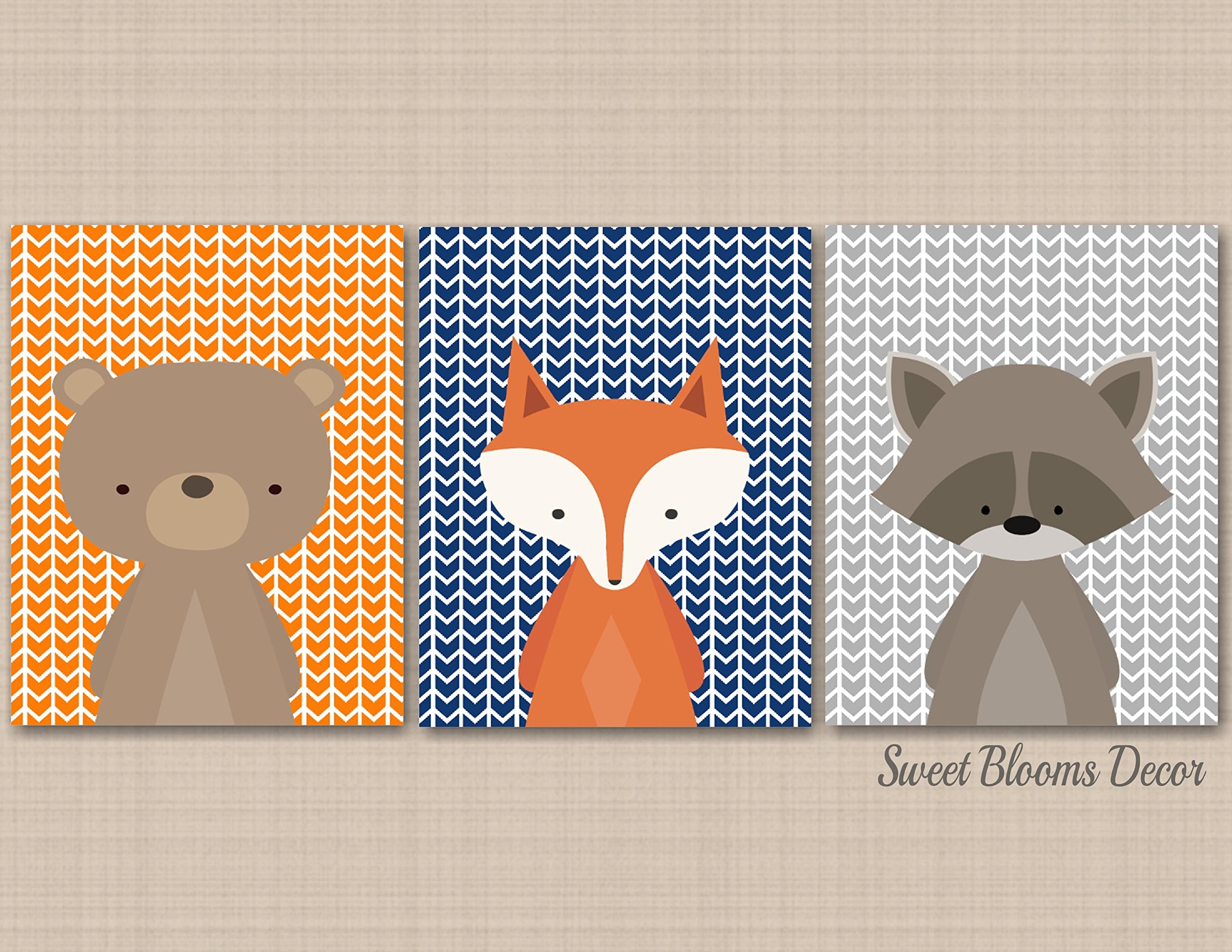 Woodland Nursery Wall Art,Woodland Nursery Decor,Bear Fox Raccoon Wall Art,Woodland Arrows Navy Orange Gray,Woodland Baby GiftWoodland Baby Shower-UNFRAMED 3 PRINTS (NOT CANVAS) C227