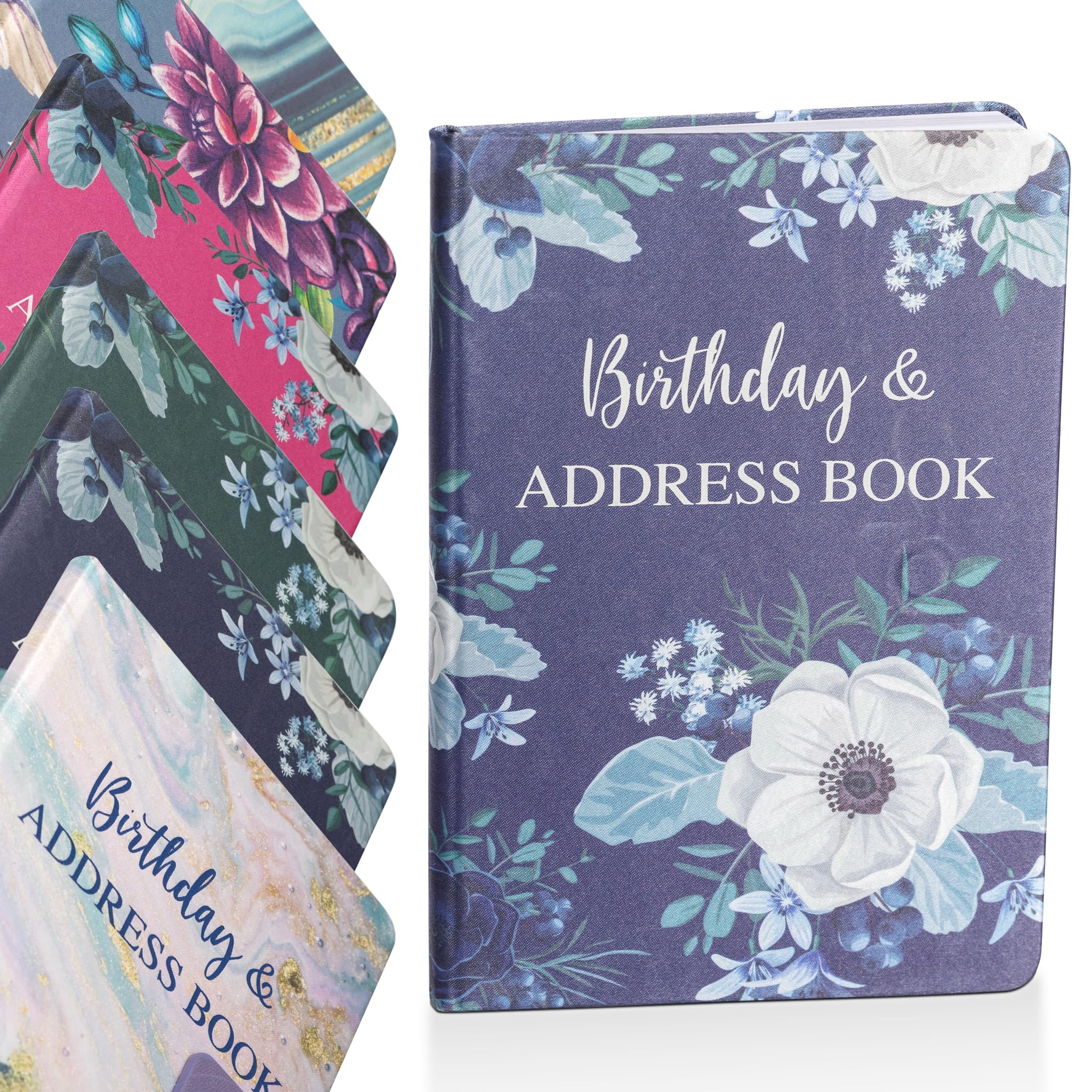Birthday and Address Book a to z Satin Fabric Address & Birthdays Book Floral Design with Magnetic Closure Flower(Navy)