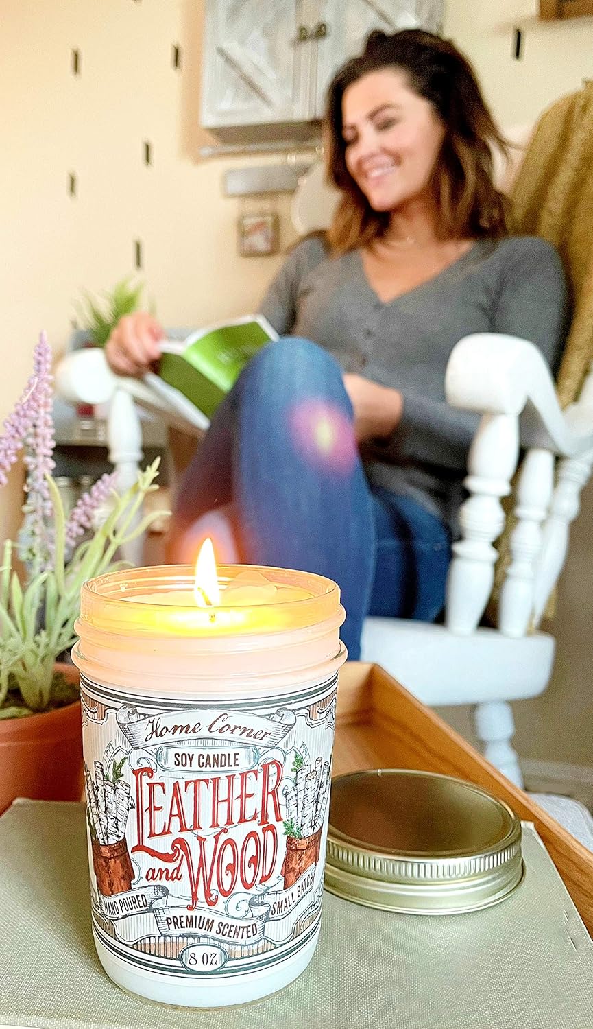 Home Corner Candles – Leather and Wood - Scented Soy Jar Candle - Great Gifts for Men and Home Décor - Hand Poured in The USA - Highly Scented & Long Lasting Burn Time - 8 oz: Home & Kitchen