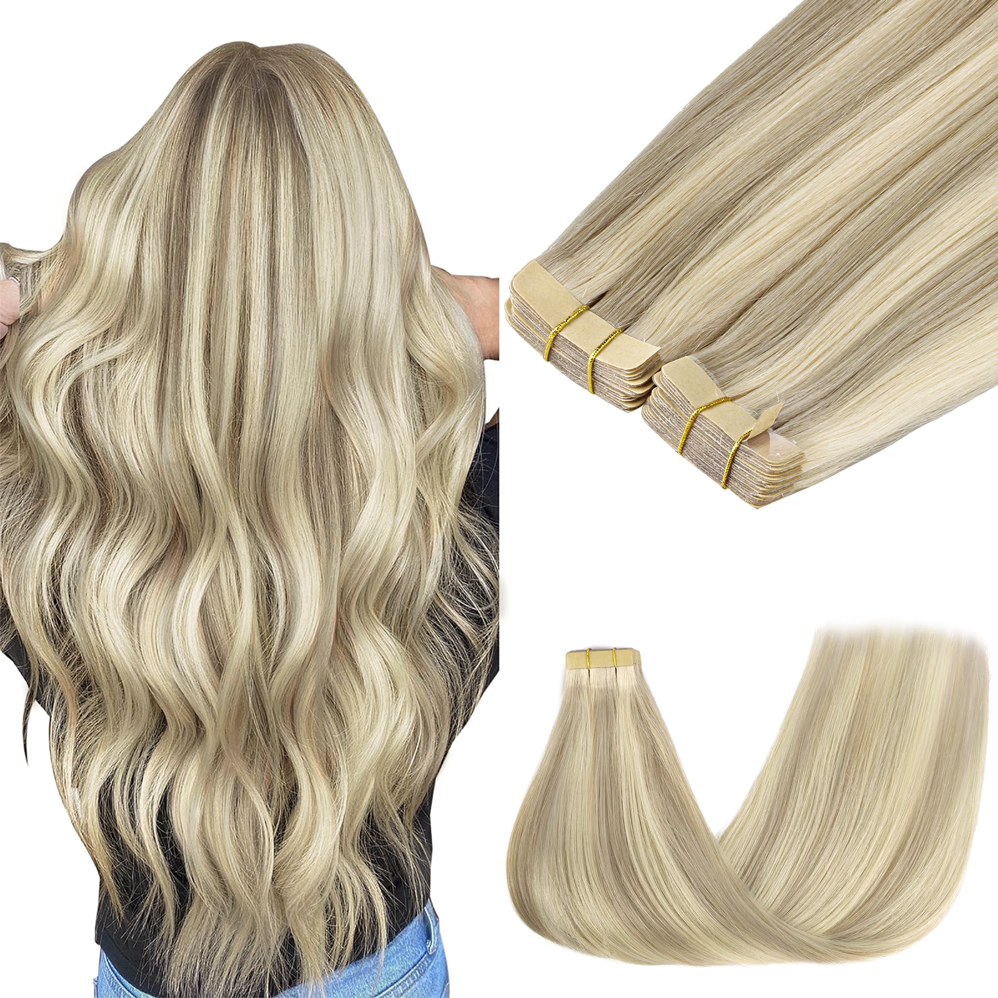 GOO GOO Tape in Hair Extensions human hair, tape Hair Extensions, 16inch 100g 40pcs, Human Hair Extensions, 17A/60A Ash Blonde — image 1