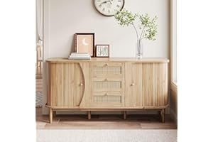 Merax Wood Sideboard Buffet Cabinet with 2 Sliding Doors and 3 Rattan Drawers, Adjustable Shelves, Safe Anti-Collision Rounde