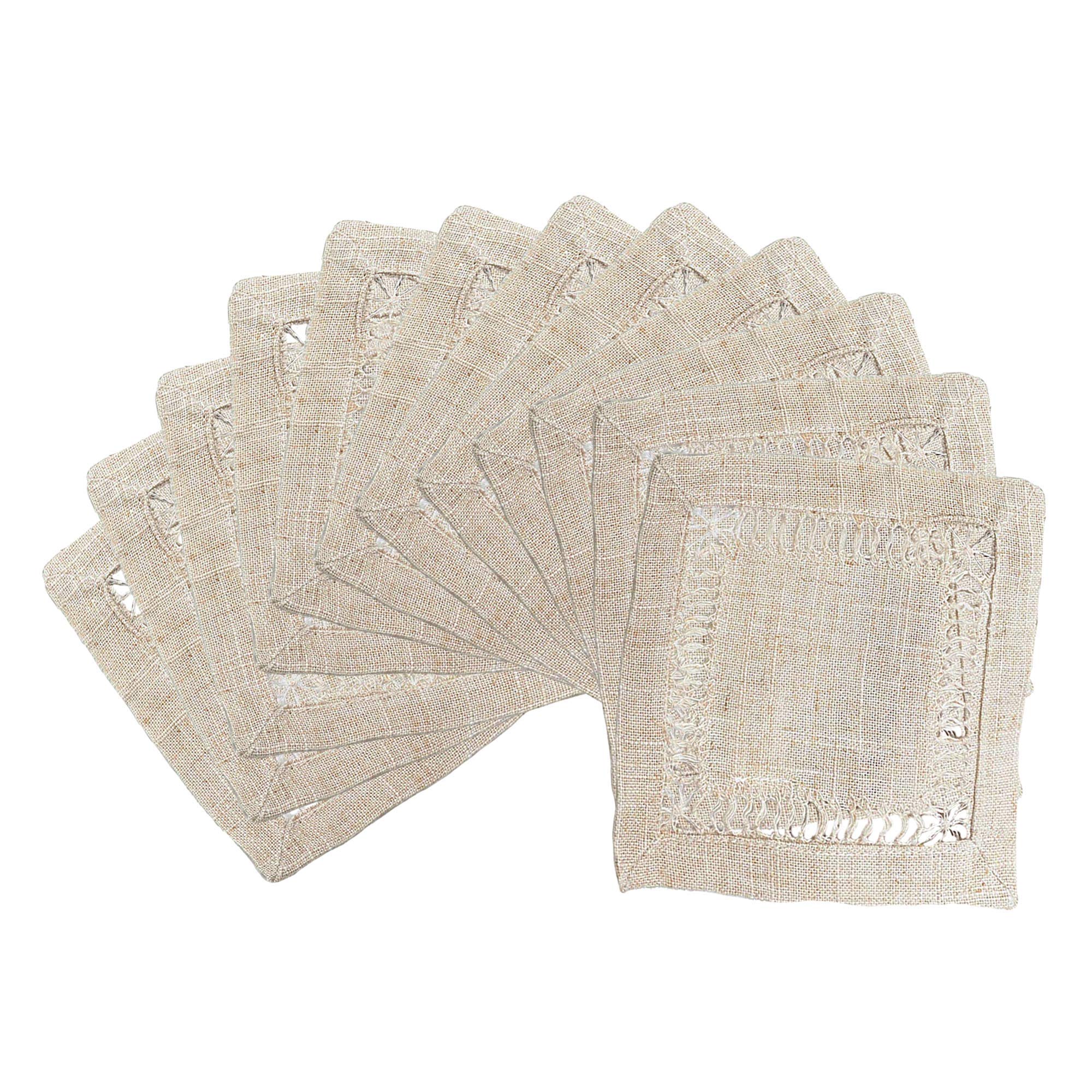 SARO LIFESTYLE Solid Color Poly and Linen Blend Toscana Napkins with Hemstitch Border (Set of 12), Natural, 6"