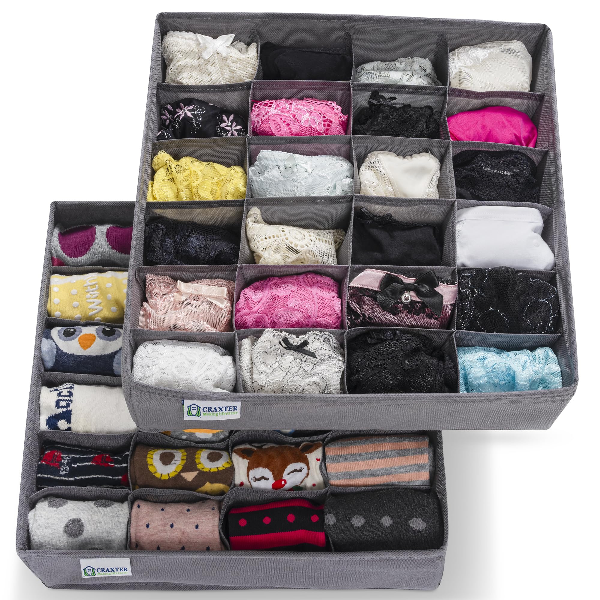 Craxter Underwear Drawer Organiser Divider – Set of 2 Fabric Dividers for Clothes, Foldable Wardrobe Draw Organizer for Baby clothes, Socks,Ties, Belts and Knickers — image 1