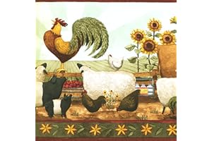 CONCORD WALLCOVERINGS ™ Wallpaper Border Country Pattern Sunflowers Sheep Rooster Chicken Farm for Kitchen Dining Area Cottage Farmhouse, Green Red White Yellow, 10.5 Inches by 15 Feet KR2533B