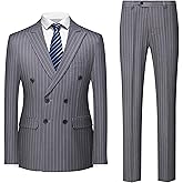 MOGU Mens Double Breasted Pinstripe Suit 2 Piece Slim Fit Tuxedo Formal Jacket and Pants for Business Wedding Prom