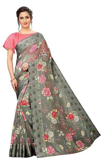 Rajeshwar Fashion With Rf Linen Jute Soft Cotton Art Silk Zari Border Work Printed Saree With Blouse Material(FLORA 01 GREY_Multi-Coloured_Free Size 6.20 Meters)