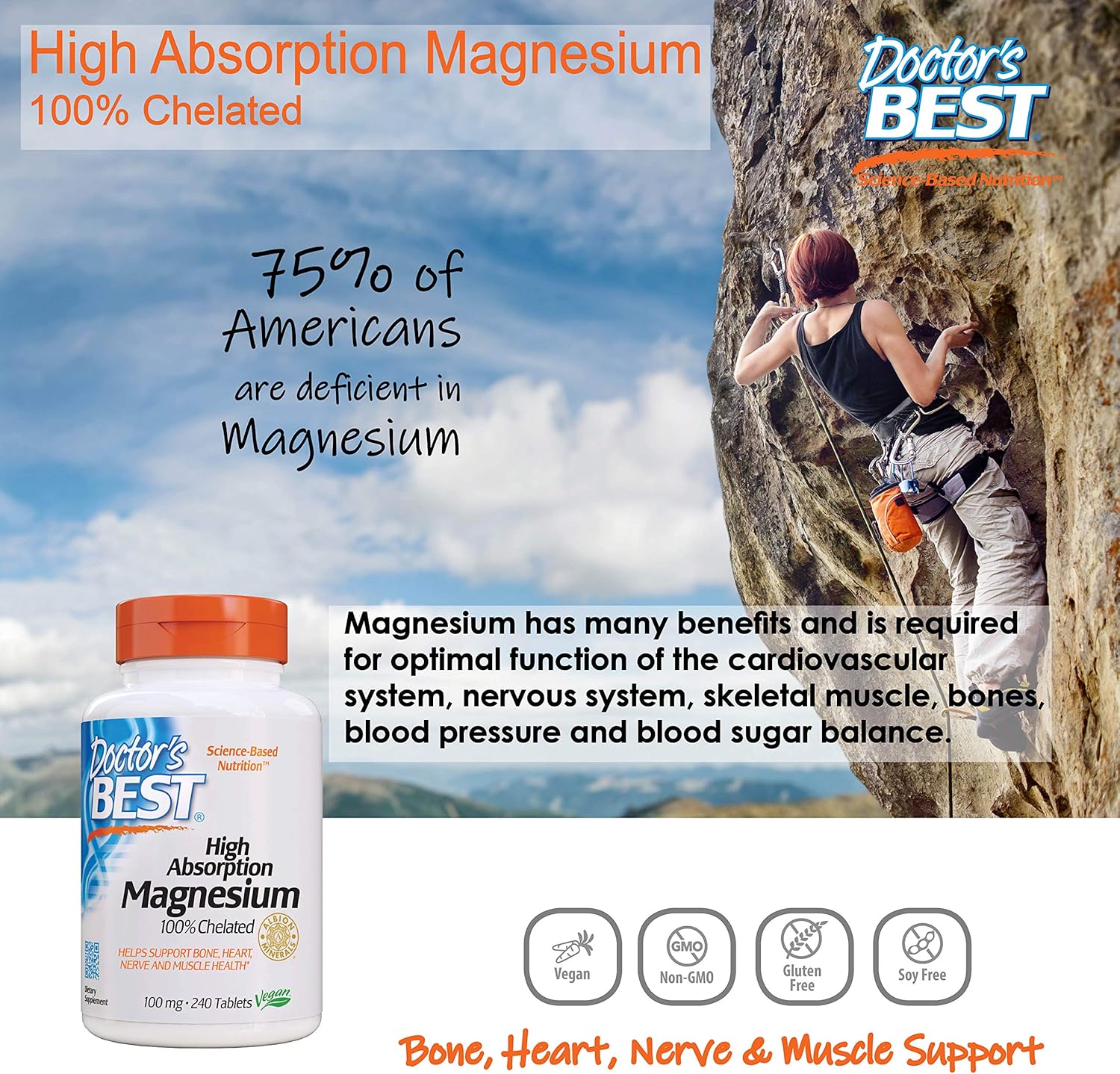 Doctor's Best High Absorption Magnesium Glycinate Lysinate, 100% Chelated, TRACCS, Not Buffered, Headaches, Sleep, Energy, Leg Cramps, Non-GMO, Vegan, Gluten Free, Soy Free, 100 mg, 240 Tablets: Health & Personal Care