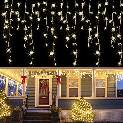 Amazon Com Joliyoou Dripping Icicle Lights 360 Leds 29 5ft Icicle Christmas Lights 8 Modes Curtain Fairy Lights With 60 Drops Outdoor Indoor Xmas Holiday Wedding Party Decorations Warm White Garden Outdoor