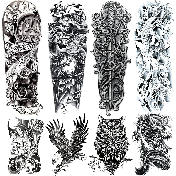 Amazon Com 4 Sheets Large Arm Temporary Tattoos And 4 Sheets Black Full Arm Sleeve Tattoo Sticker Big Skull Fish Clock Fake Tattoos Sleeve Body Art For Women Men Beauty Personal Care