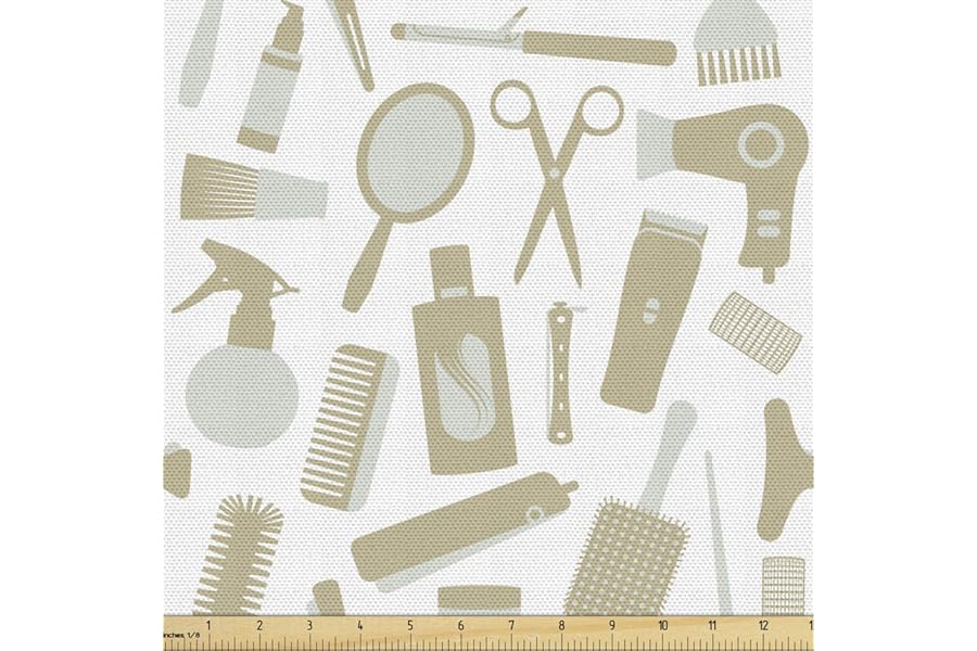 Ambesonne Neutral Color Fabric by The Yard, Hair Styling Themed Tools Pattern Coiffure Brush Shampoo Print, Decorative Fabric for Upholstery and Home Accents, 1 Yard, Teal Sepia