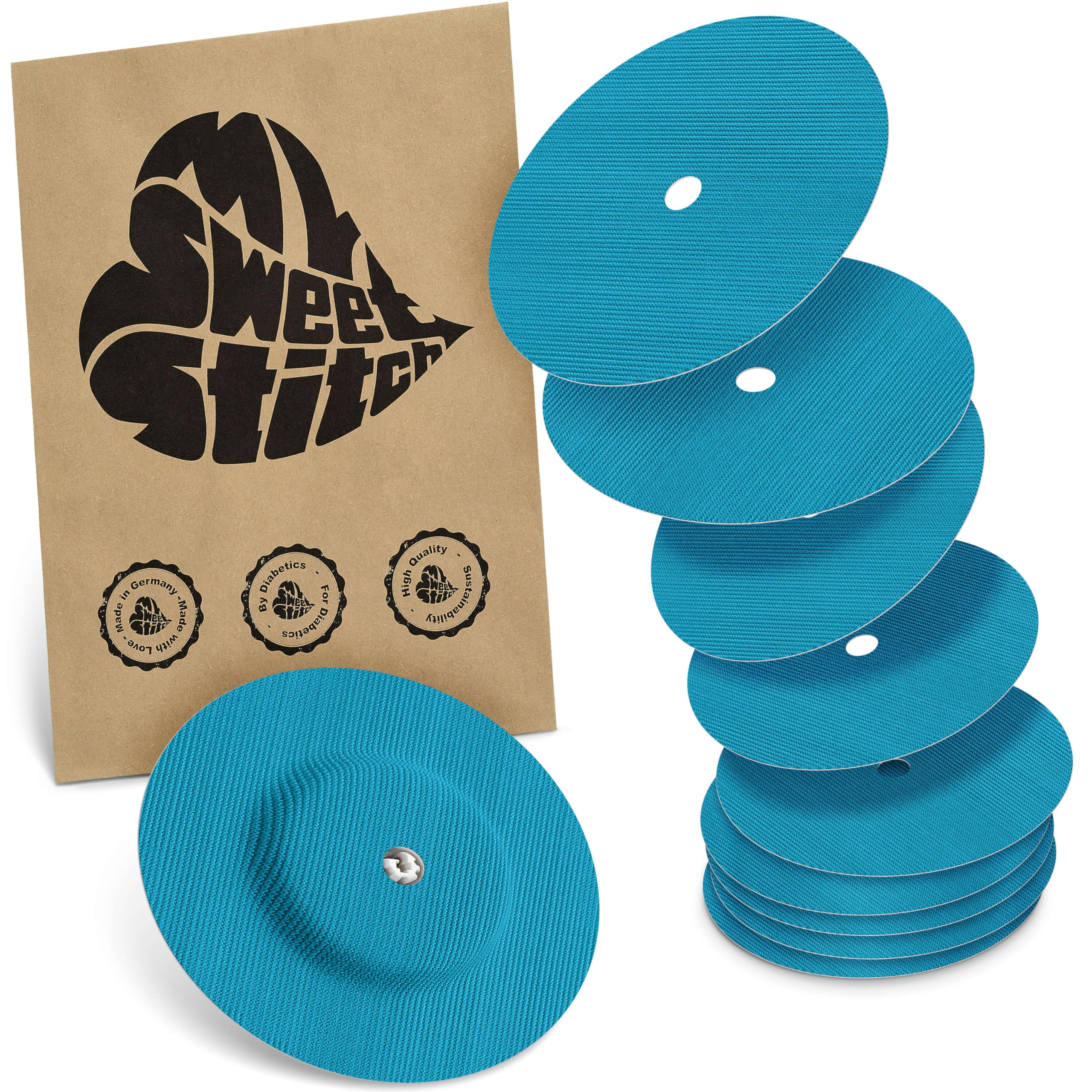 MySweetStitch - 10 x Freestyle Libre 1 & 2 Round Patches with Ventilation Hole, Overpatch Ø 65mm, Waterproof, Breathable, Made in Germany, Petrol