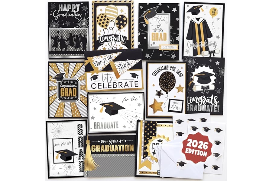 AUDREE Gold Foil Graduation Cards 2026 Bulk Assortment for College & High School (5x7) - 12 Pack Grad Design with Envelopes &